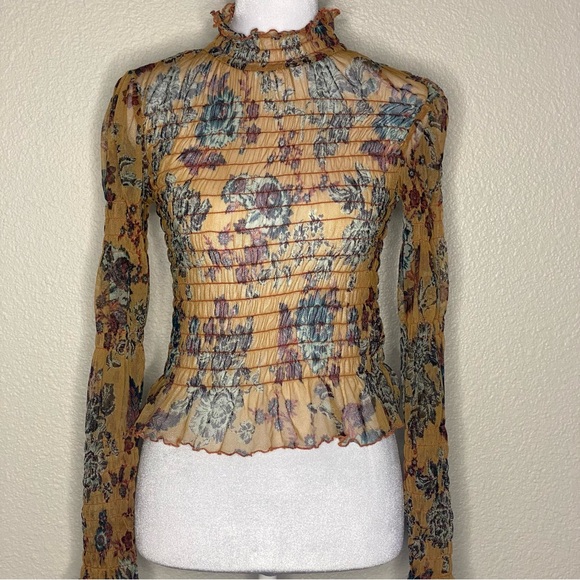 Free People Floral Ruffle Blouse - Brown and Blue - Picture 2 of 3
